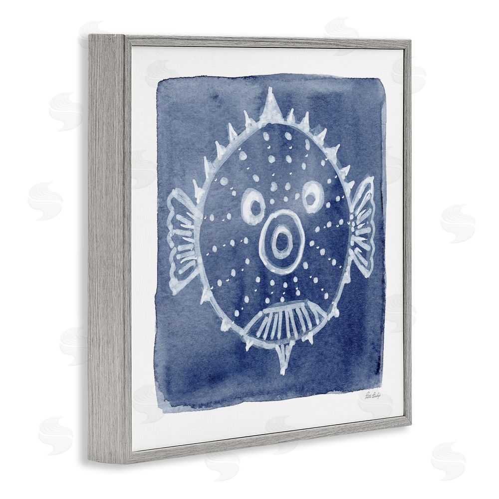 Patti Bishop White Blow Fish on Indigo Gray Framed Giclee Wall Art Print