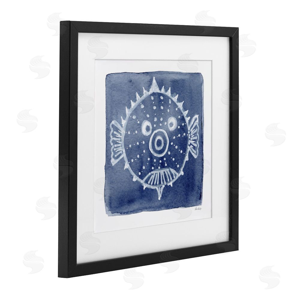 Patti Bishop White Blow Fish on Indigo Black Framed Print Under Glass Wall Art