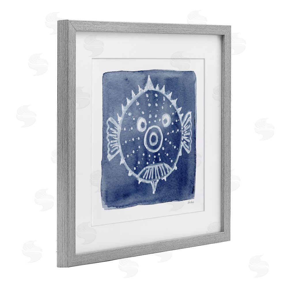Patti Bishop White Blow Fish on Indigo Gray Framed Print Under Glass Wall Art