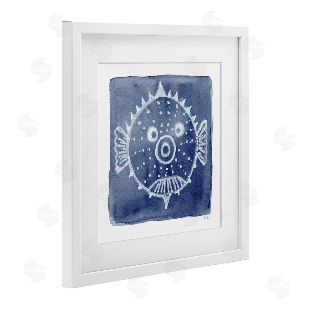Patti Bishop White Blow Fish on Indigo White Framed Print Under Glass Wall Art