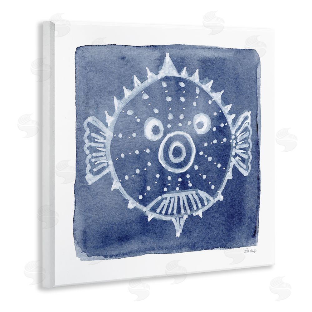 Patti Bishop White Blow Fish on Indigo Wooden Wall Plaque Art Print