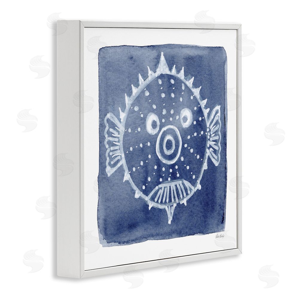 Patti Bishop White Blow Fish on Indigo White Framed Giclee Wall Art Print