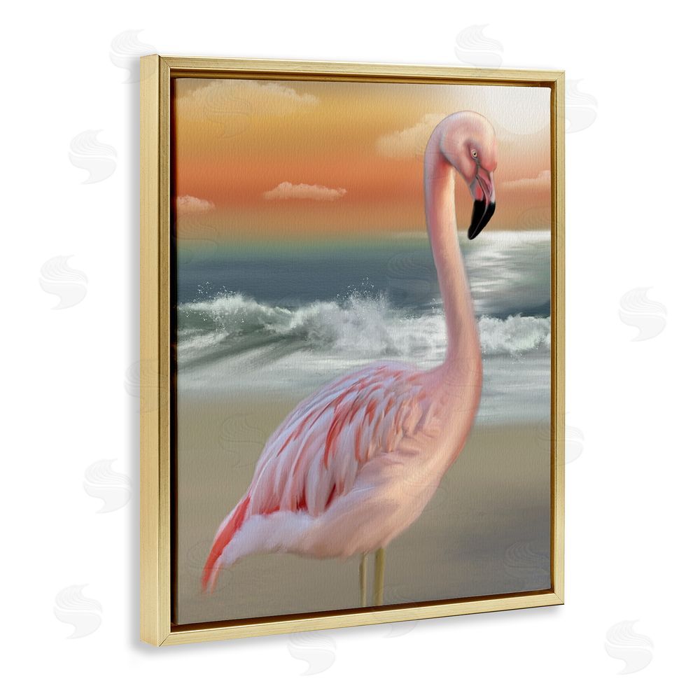 Matthew Piotrowicz Coastal Beach Flamingo Gold Floating Frame Canvas Wall Art Print