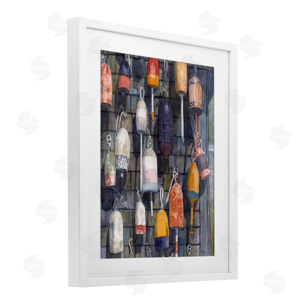 Patti Bishop Watercolor Hanging Buoys White Framed Print Under Glass Wall Art