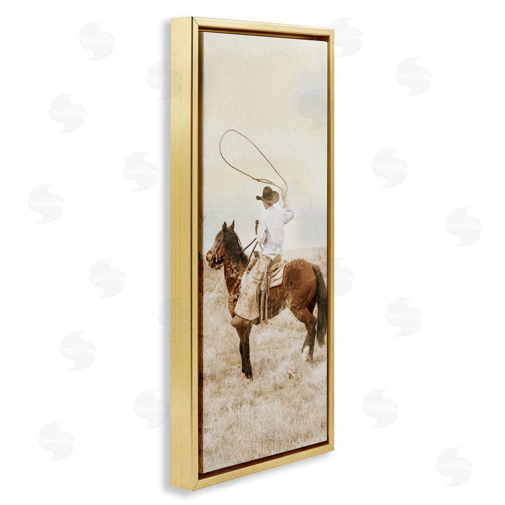 Marcus Prime Wrangling Cowboy Lasso Gold Floating Frame Canvas Wall Art Print
