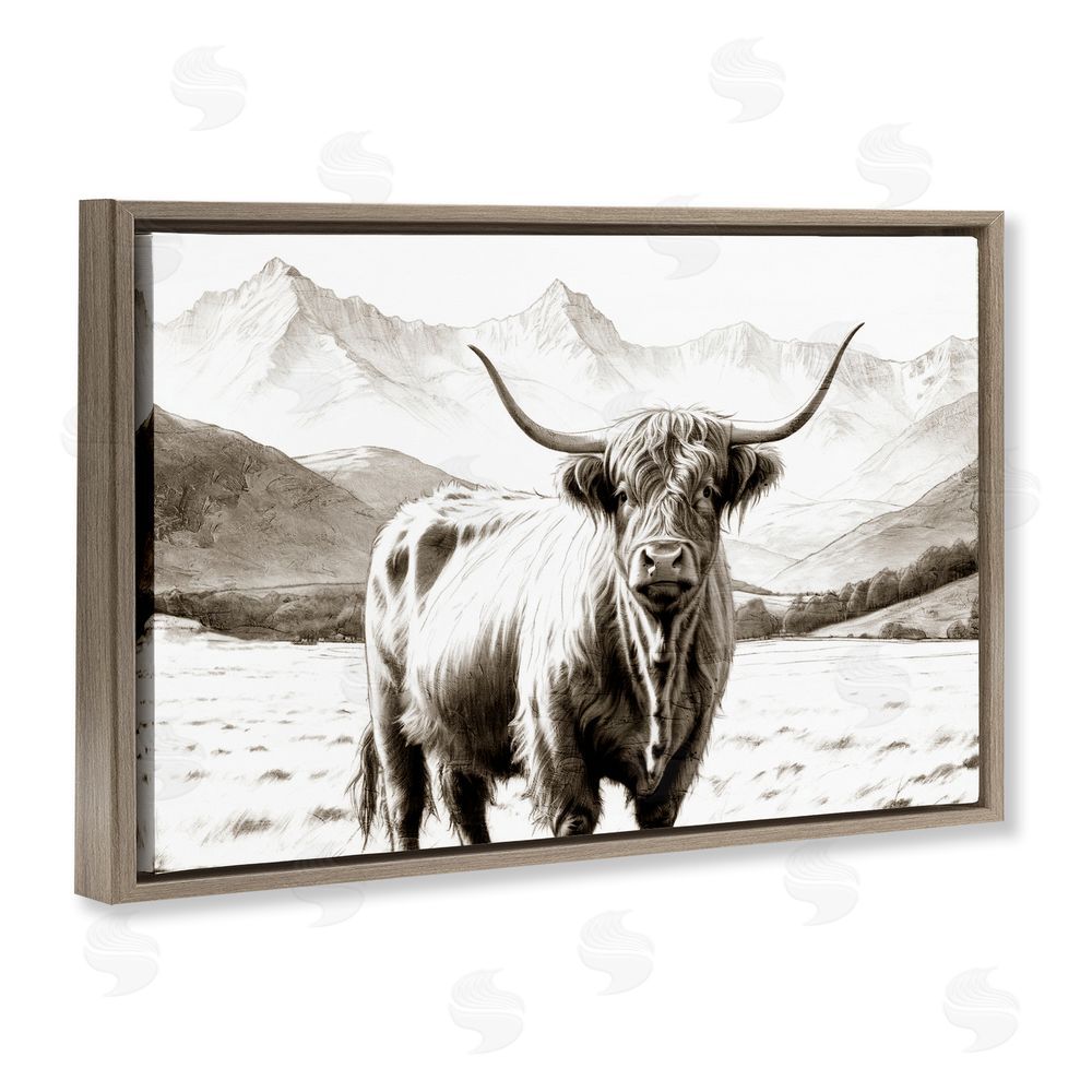 Kim Allen Highland Sepia Sketch Brown Floating Frame Canvas Wall Art Print