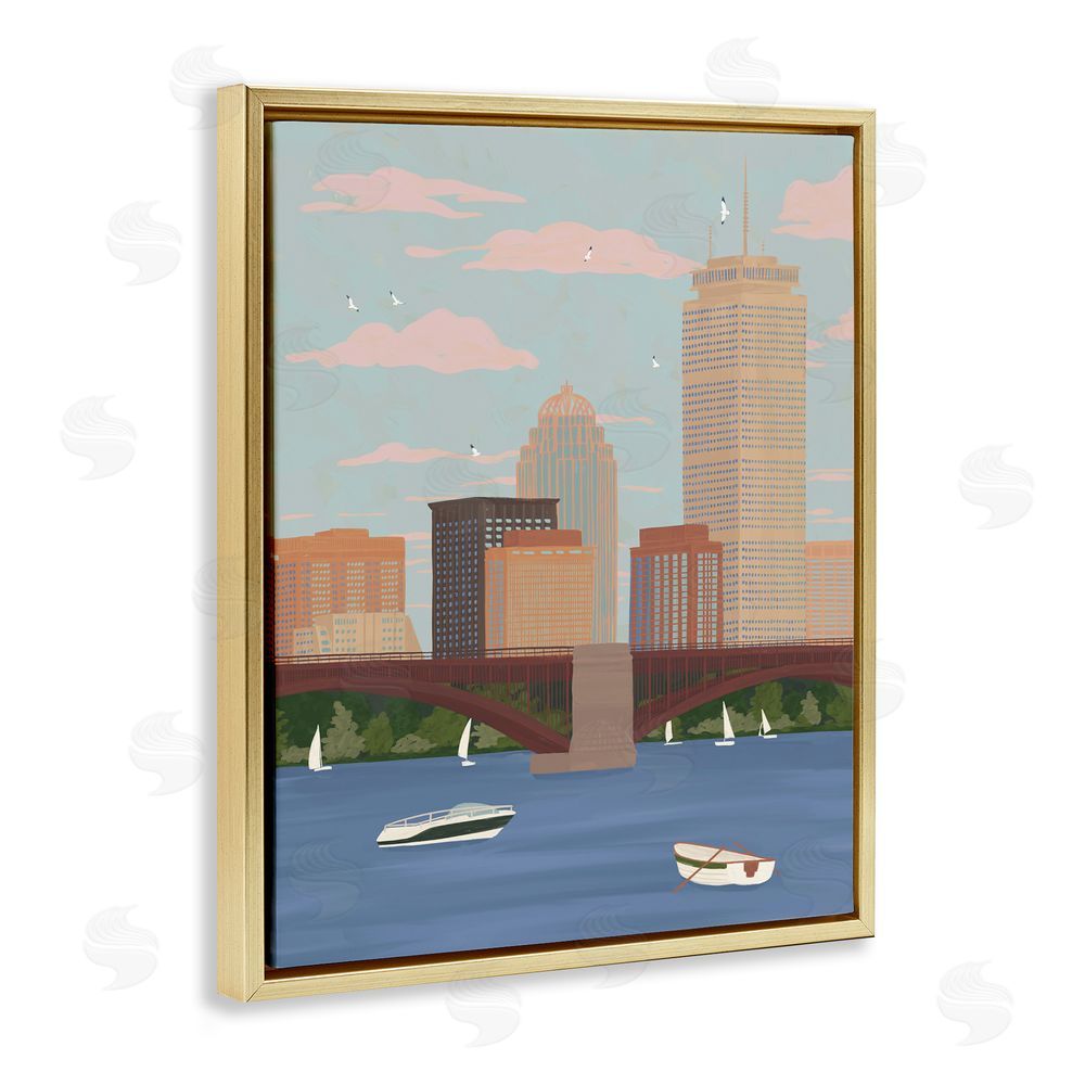 Veronica Lara Boston Skyline Bridge & Boats Gold Floating Frame Canvas Wall Art Print