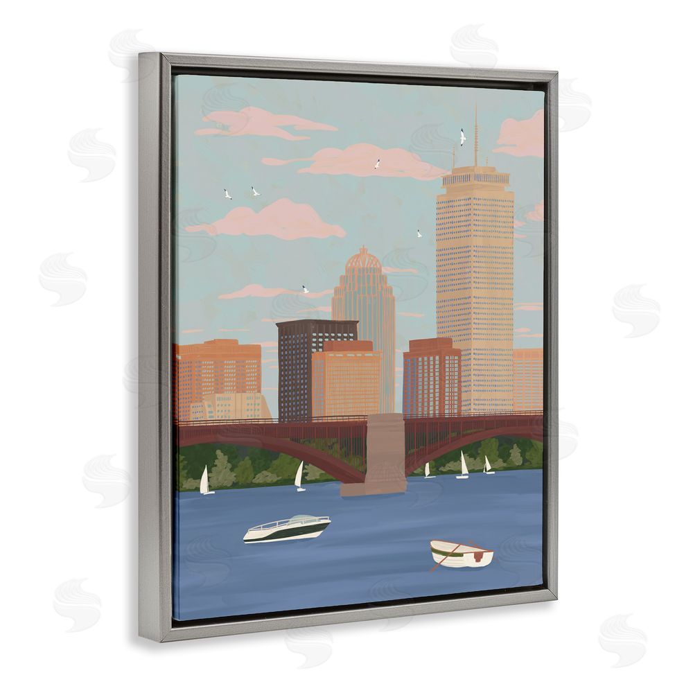 Veronica Lara Boston Skyline Bridge & Boats Gray Floating Frame Canvas Wall Art Print
