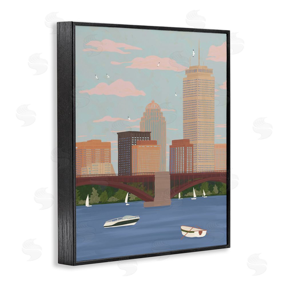 Veronica Lara Boston Skyline Bridge & Boats Black Framed Giclee Wall Art Print