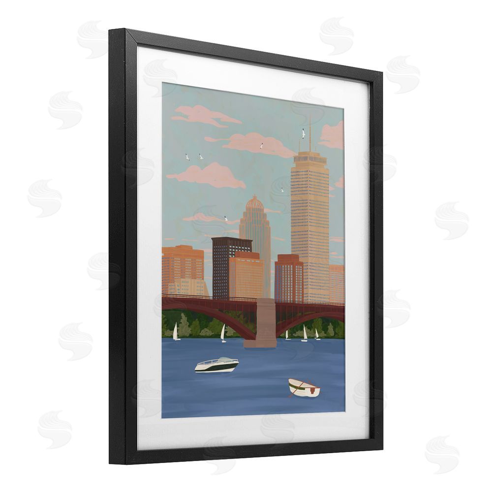 Veronica Lara Boston Skyline Bridge & Boats Black Framed Print Under Glass Wall Art