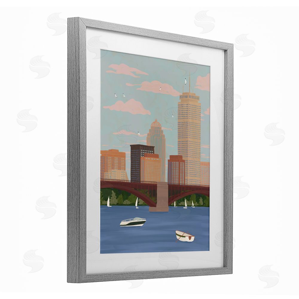 Veronica Lara Boston Skyline Bridge & Boats Gray Framed Print Under Glass Wall Art