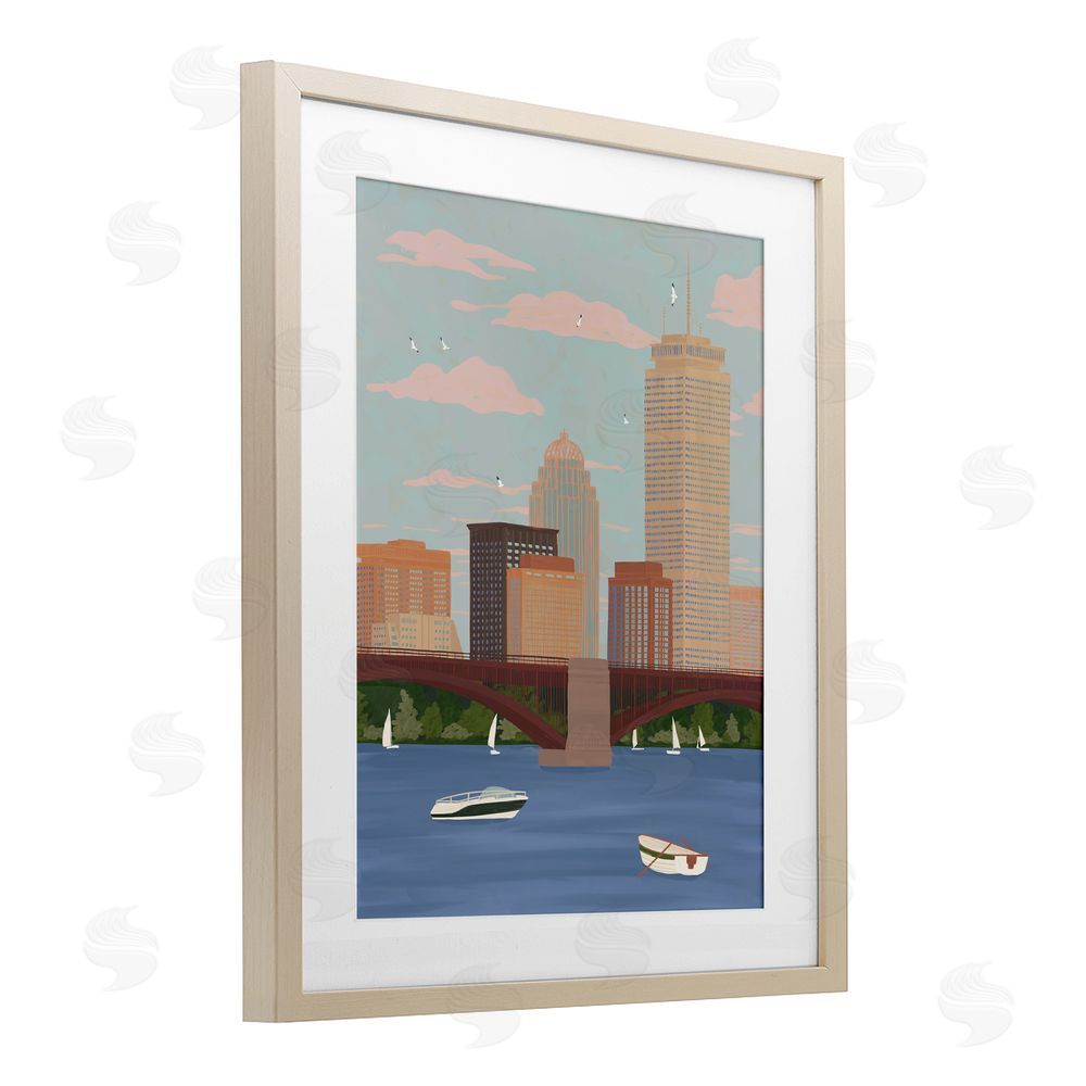 Veronica Lara Boston Skyline Bridge & Boats Brown Framed Print Under Glass Wall Art