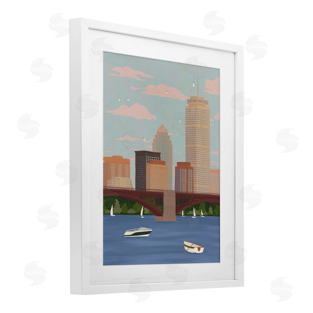 Veronica Lara Boston Skyline Bridge & Boats White Framed Print Under Glass Wall Art