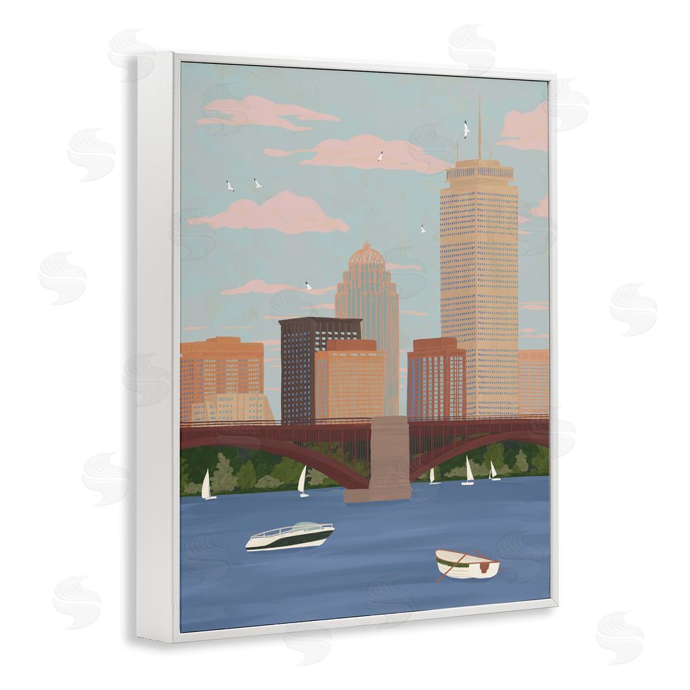 Veronica Lara Boston Skyline Bridge & Boats White Framed Giclee Wall Art Print