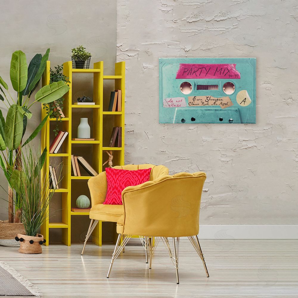 Annabelle Hall Retro Party Mix Cassette Stretched Canvas Wall Art in Room