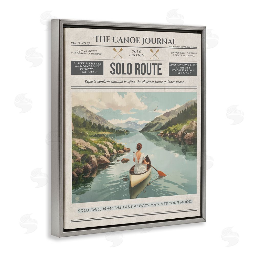 A Barefoot Stylist Canoe Journal Newspaper Gray Floating Frame Canvas Wall Art Print