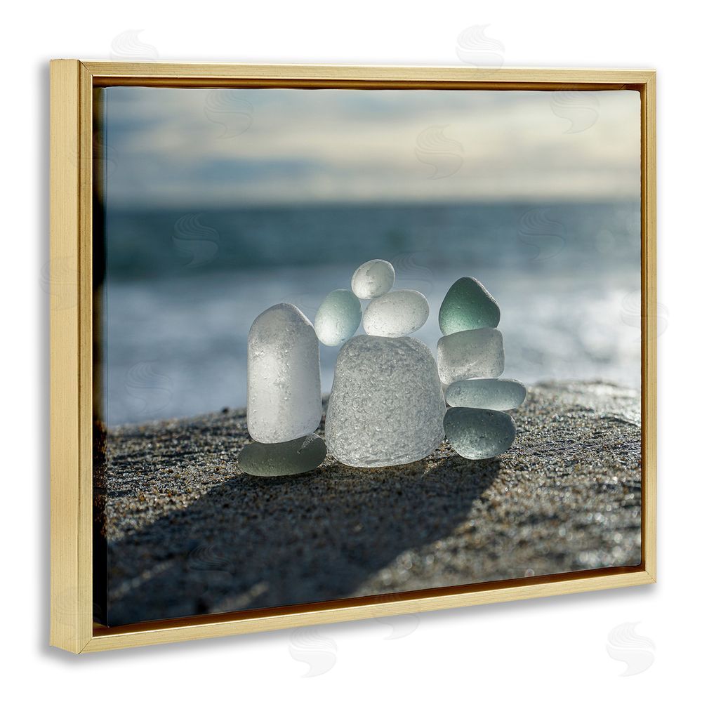 LMarie Allen Balancing Sea Glass Pebbles Gold Floating Frame Canvas Wall Art Print
