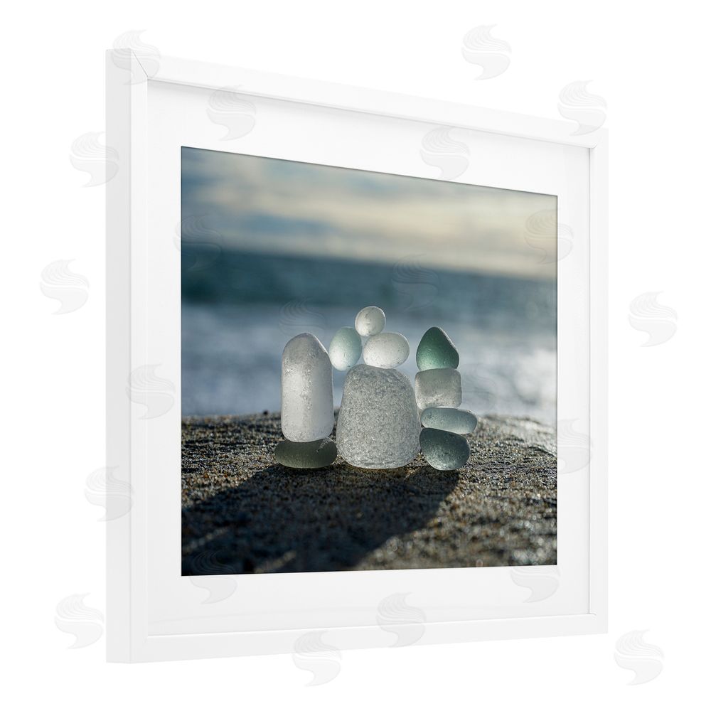 LMarie Allen Balancing Sea Glass Pebbles White Framed Print Under Glass Wall Art