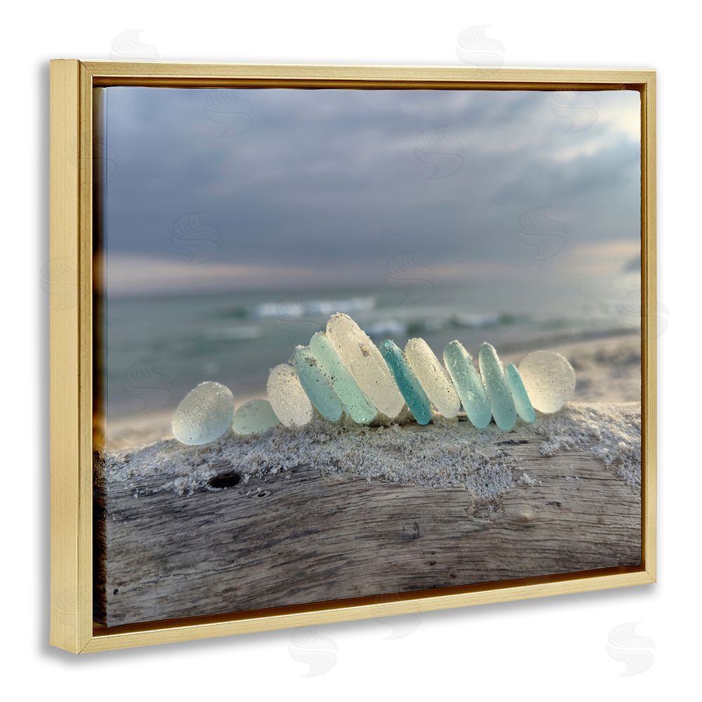 LMarie Allen Sea Glass On Driftwood Gold Floating Frame Canvas Wall Art Print