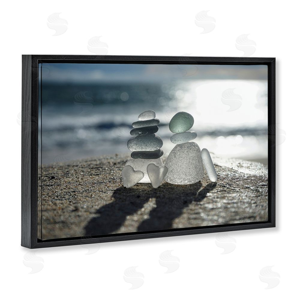 LMarie Allen Zen Sea Glass Hearts Black Floating Frame Stretched Canvas Wall Art Print