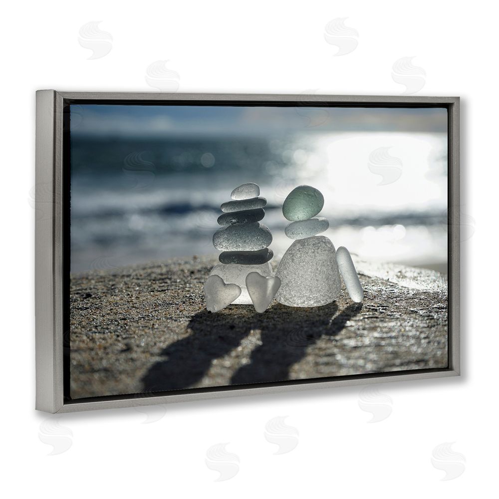 LMarie Allen Zen Sea Glass Hearts Gray Floating Frame Stretched Canvas Wall Art Print