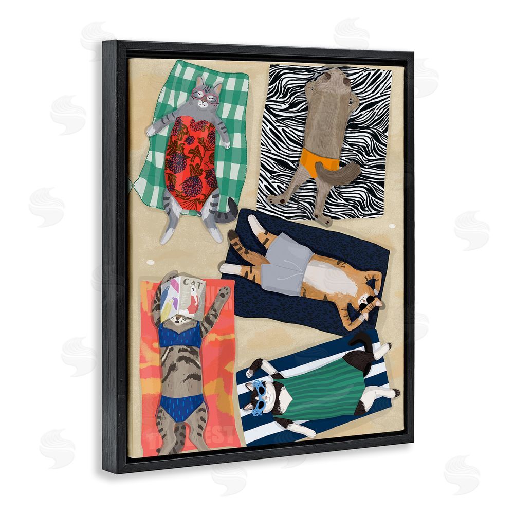 Hanna Melin Summer Sunbathing Cats Black Floating Frame Canvas Wall Art Print