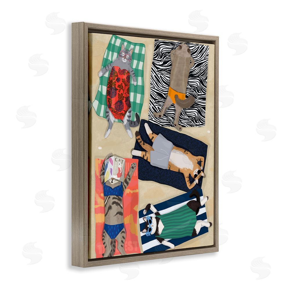 Hanna Melin Summer Sunbathing Cats Brown Floating Frame Canvas Wall Art Print