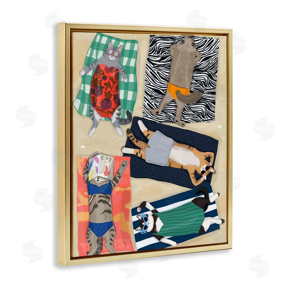 Hanna Melin Summer Sunbathing Cats Gold Floating Frame Canvas Wall Art Print