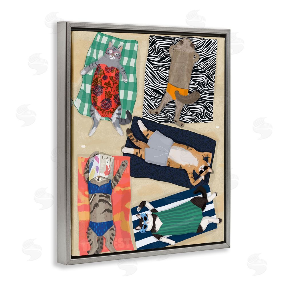 Hanna Melin Summer Sunbathing Cats Gray Floating Frame Canvas Wall Art Print