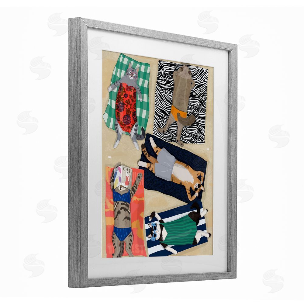 Hanna Melin Summer Sunbathing Cats Gray Framed Print Under Glass Wall Art