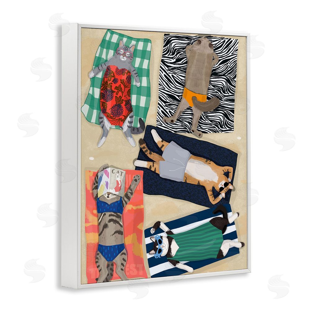 Hanna Melin Summer Sunbathing Cats White Framed Giclee Wall Art Print