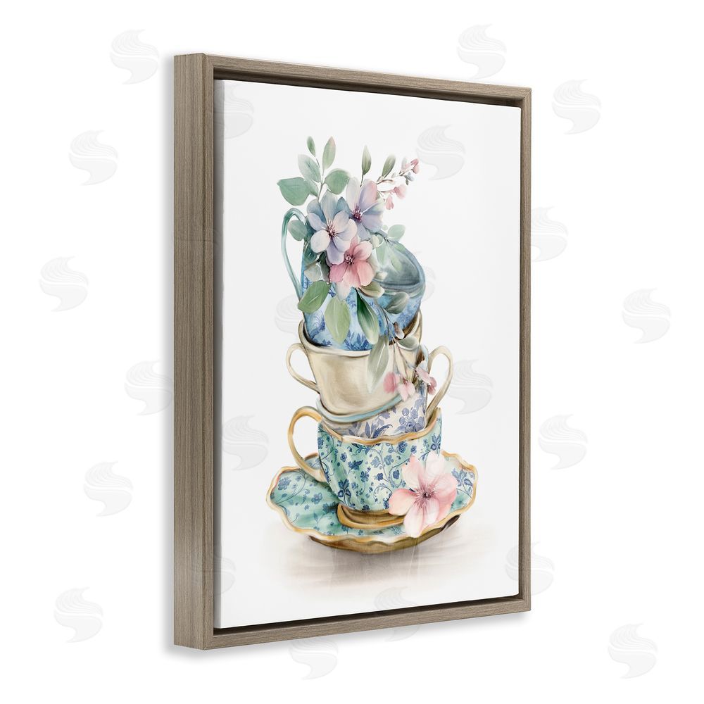 Kim Allen Floral Teacup Chinoiserie Brown Floating Frame Canvas Wall Art