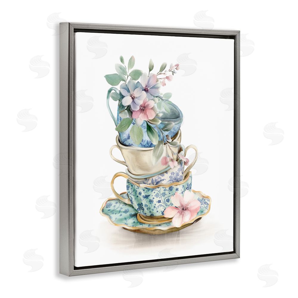 Kim Allen Floral Teacup Chinoiserie Gray Floating Frame Canvas Wall Art
