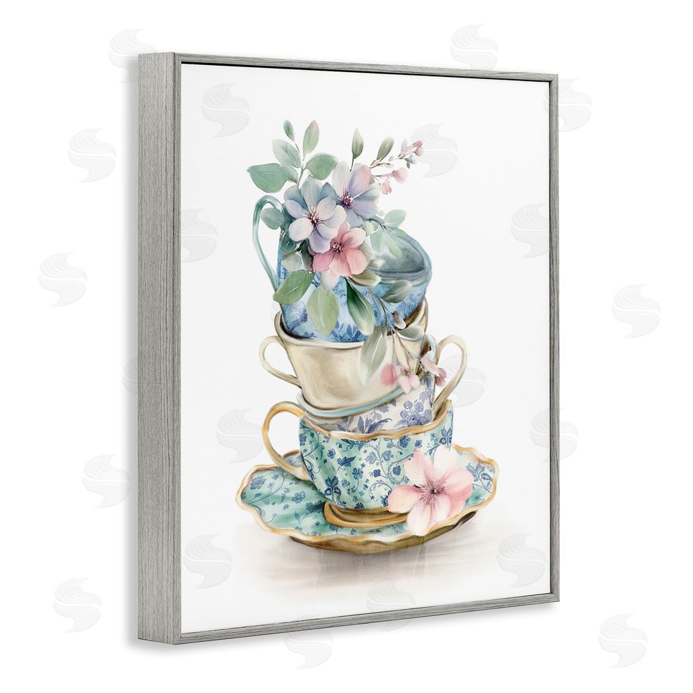 Kim Allen Floral Teacup Chinoiserie Gray Framed Giclee Wall Art Print