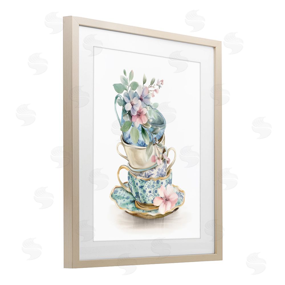 Kim Allen Floral Teacup Chinoiserie Brown Framed Print Under Glass with Mat Wall Art