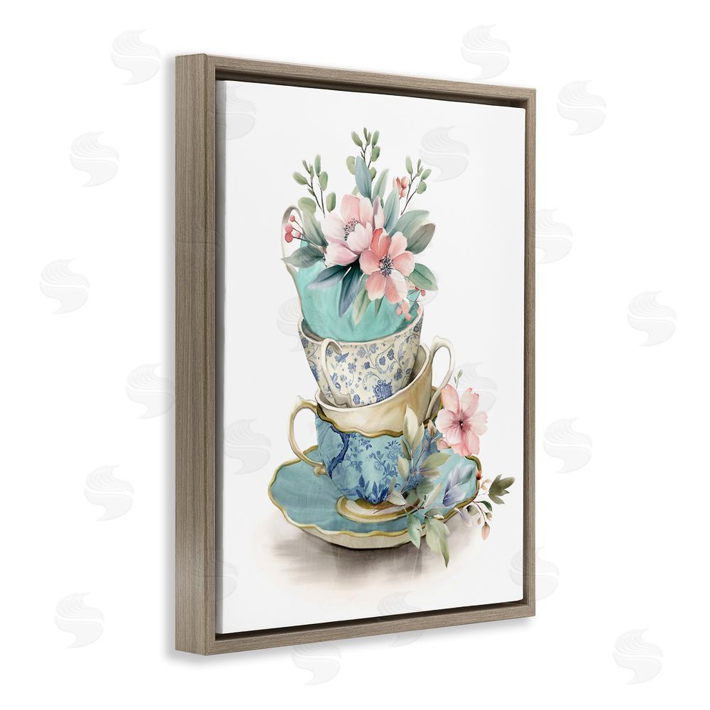 Kim Allen Tea Cup Chinoiserie Blossoms Brown Floating Frame Canvas Wall Art Print