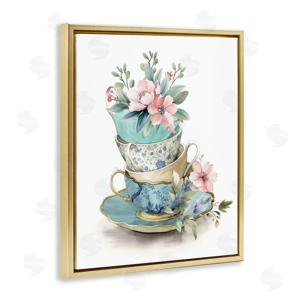 Kim Allen Tea Cup Chinoiserie Blossoms Gold Floating Frame Canvas Wall Art Print