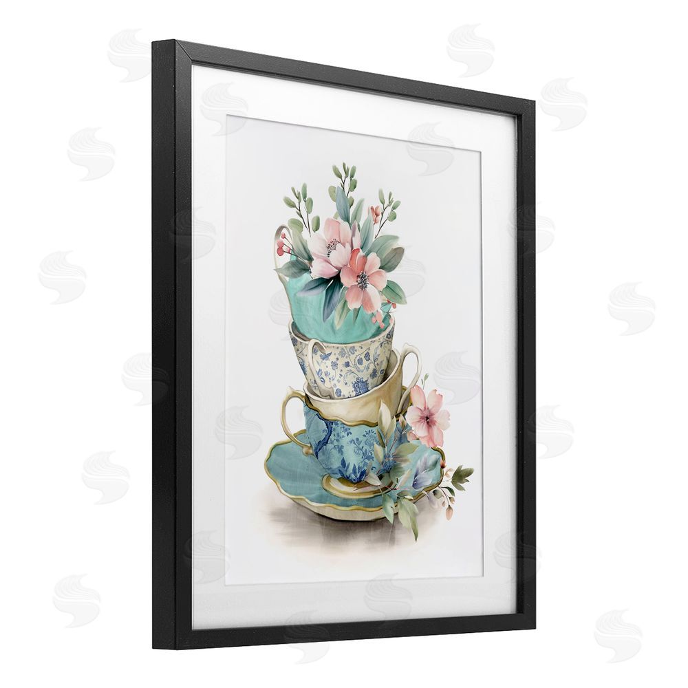 Kim Allen Tea Cup Chinoiserie Blossoms Black Framed Print Under Glass Wall Art