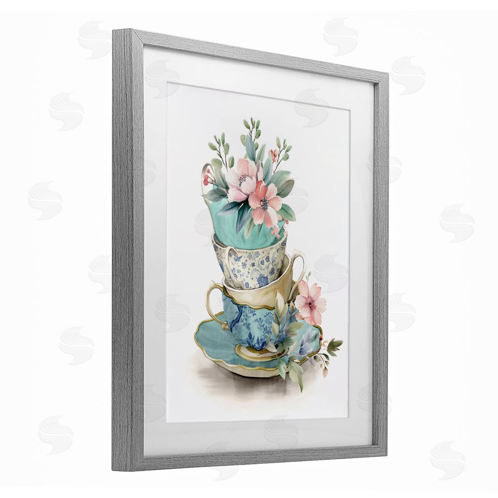 Kim Allen Tea Cup Chinoiserie Blossoms Gray Framed Print Under Glass Wall Art