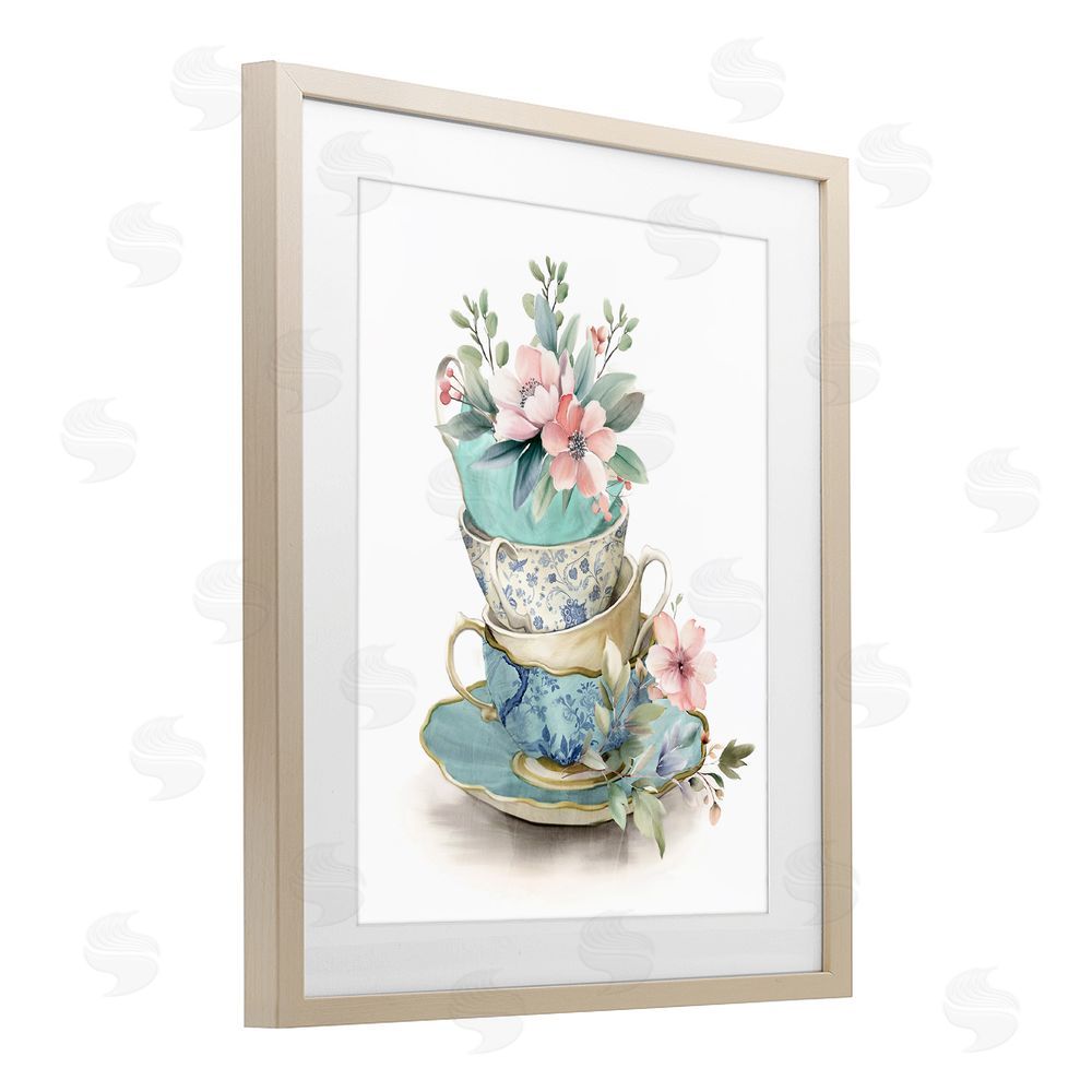 Kim Allen Tea Cup Chinoiserie Blossoms Brown Framed Print Under Glass Wall Art