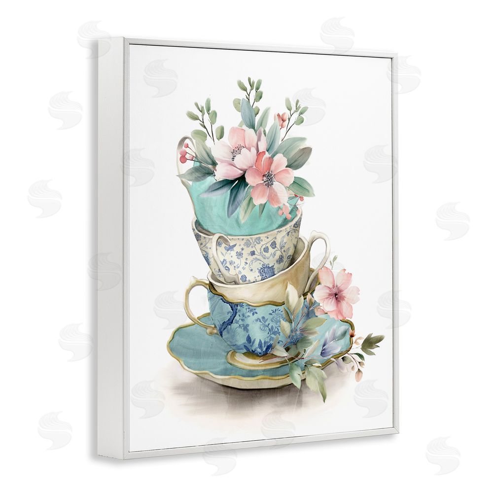 Kim Allen Tea Cup Chinoiserie Blossoms White Framed Giclee Wall Art Print