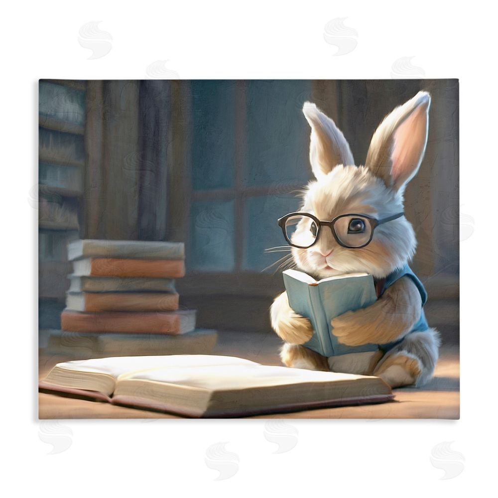 Kim Allen Bookish Bunny at Desk Stretched Canvas Wall Art Print