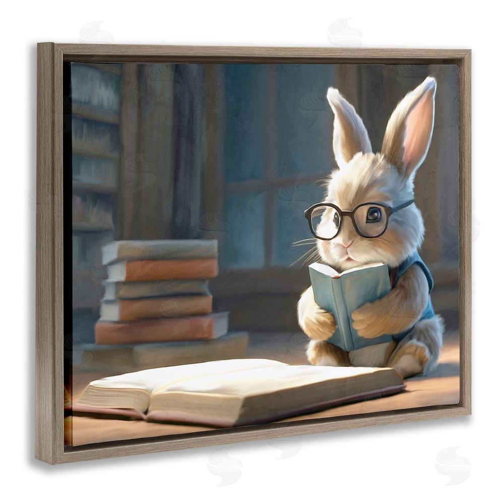 Kim Allen Bookish Bunny at Desk Brown Floating Frame Canvas Wall Art Print