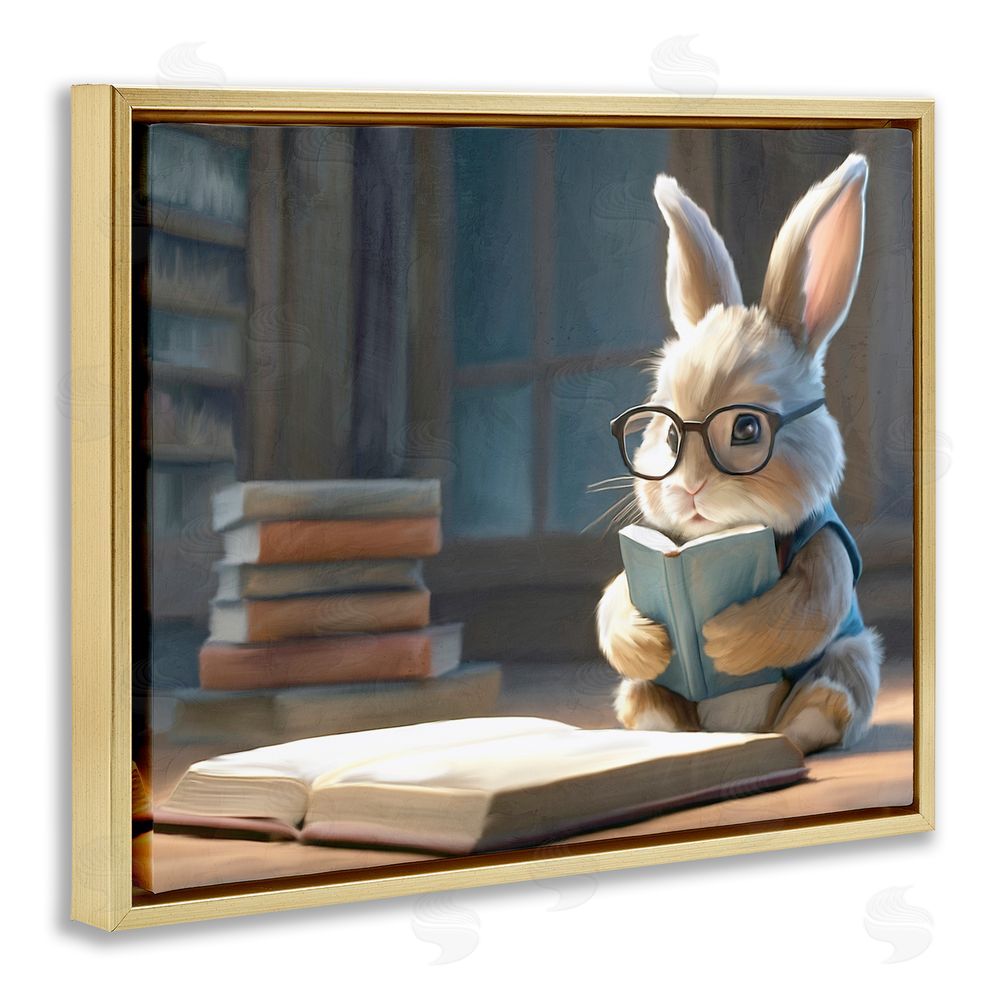 Kim Allen Bookish Bunny at Desk Gold Floating Frame Canvas Wall Art Print