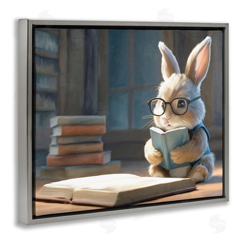 Kim Allen Bookish Bunny at Desk Gray Floating Frame Canvas Wall Art Print