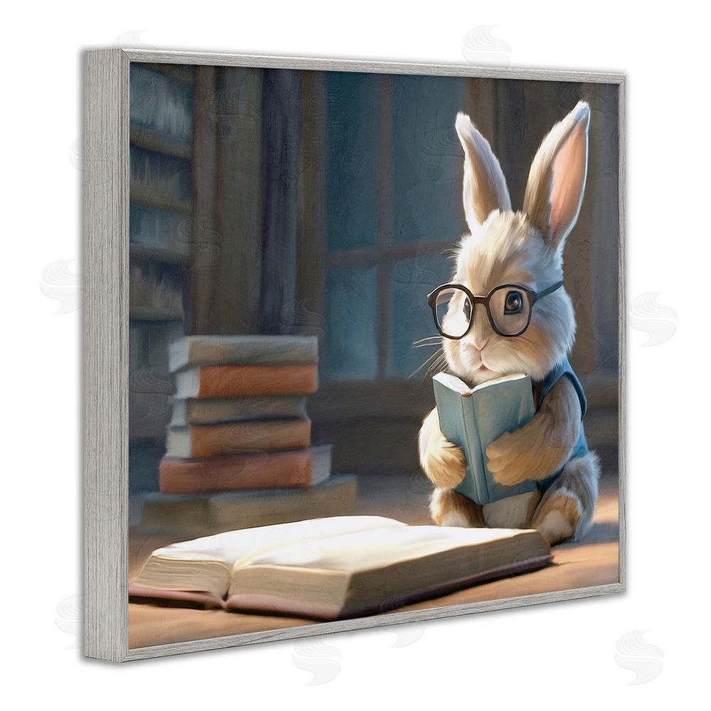 Kim Allen Bookish Bunny at Desk Gray Framed Giclee Wall Art Print