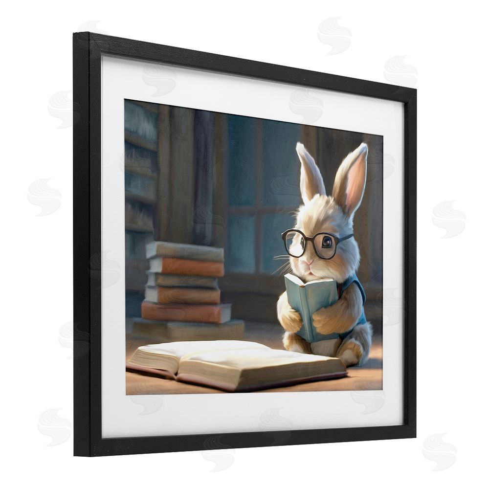 Kim Allen Bookish Bunny at Desk Black Framed Print Under Glass Wall Art