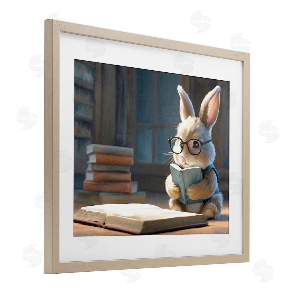 Kim Allen Bookish Bunny at Desk Birch Framed Print Under Glass Wall Art