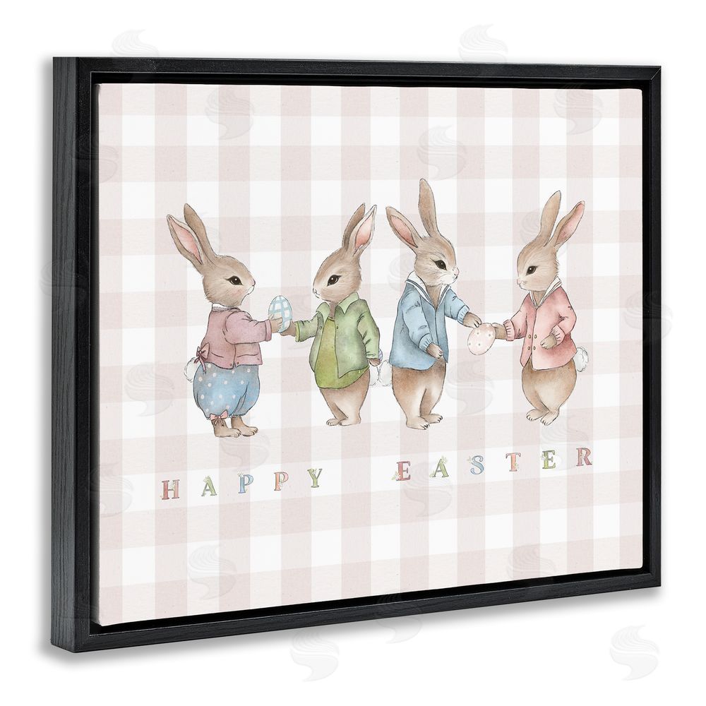 Leah Straatsma Easter Bunnies Pink Gingham Black Floating Frame Canvas Wall Art