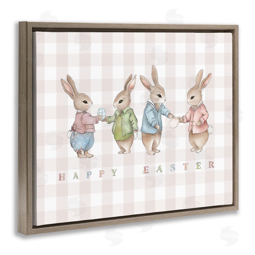 Leah Straatsma Easter Bunnies Pink Gingham Brown Floating Frame Canvas Wall Art